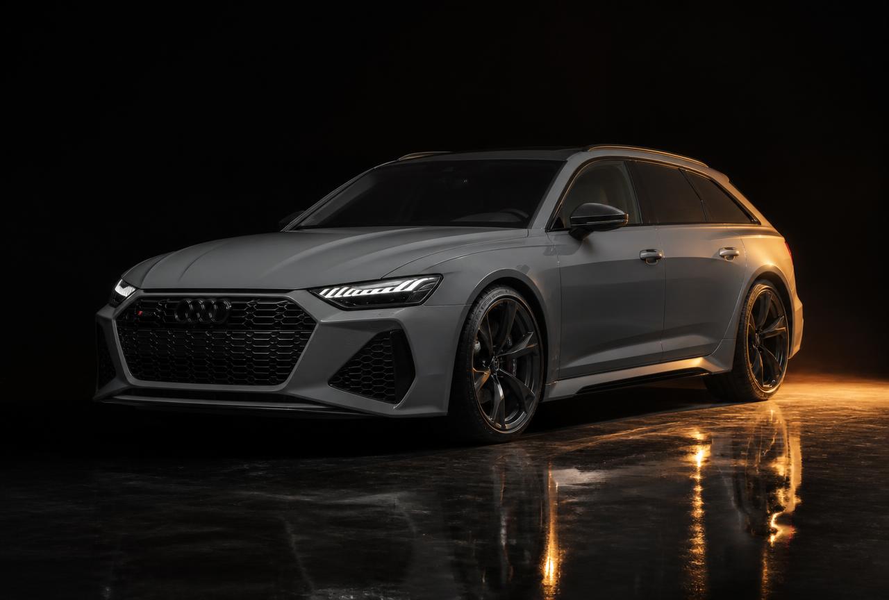 Szenerie Dunkles Studio: Audi RS6 Avant als KI-Fahrzeugfoto